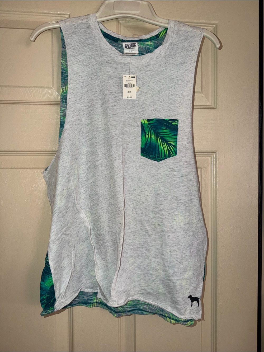 PINK Victoria's Secret Heather Gray Tank with Green Palm Pocket